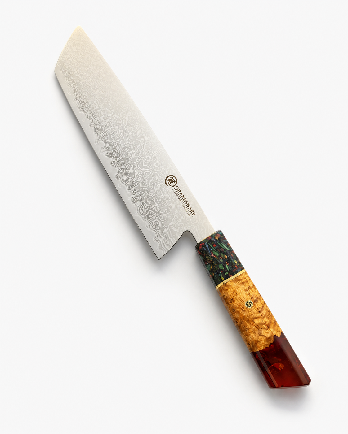 A Japanese-style kitchen knife with a textured Damascus steel blade, featuring a handle with a dark green and orange burl wood inlay and a reddish-brown resin end cap, shown on a light gray background.